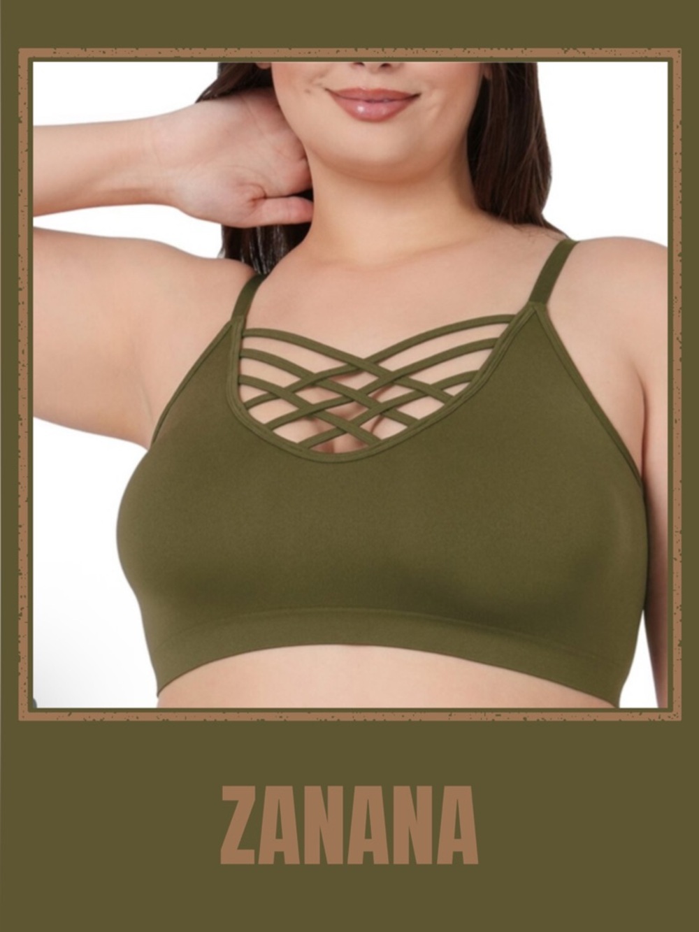 Zanana Olive Green Crisscross Bralette • NWOT (runs small) 15"-18" p2p - Picture 1 of 2